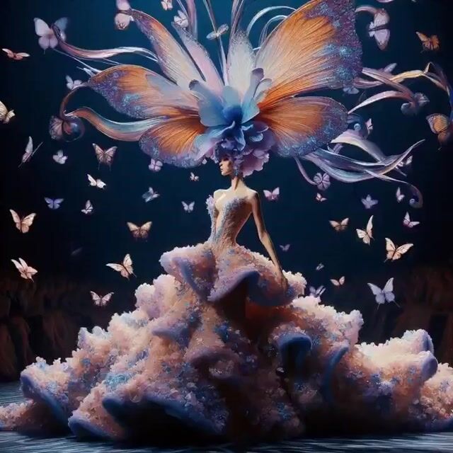 Surreal high-fashion fantasy portrait of a butterfly goddess