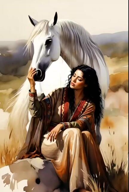 Watercolor Painting of Gypsy Woman and White Horse