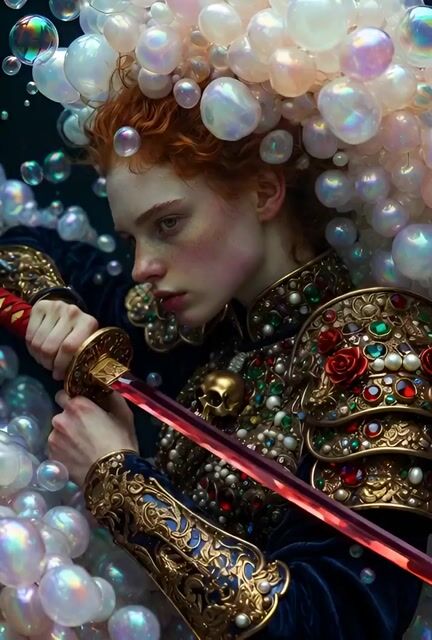 Video prompt for a hyper-detailed surreal portrait of a fierce young woman