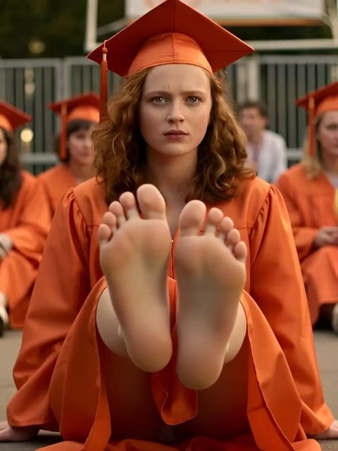 Cinematic wide shot of Sadie Sink in orange graduation attire