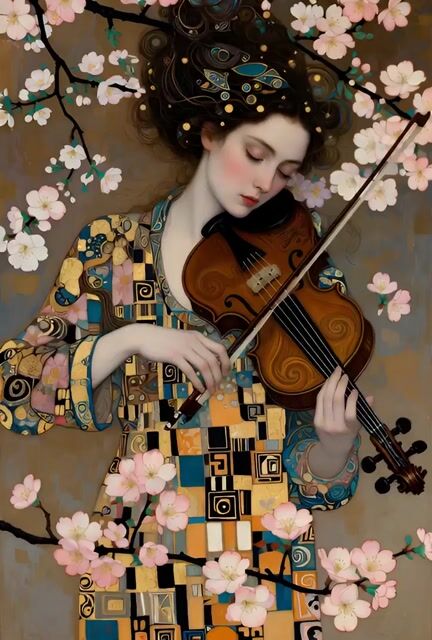 Highly Detailed Digital Painting of a Serene Woman Playing a Violin in Klimt's Golden Mosaic Style