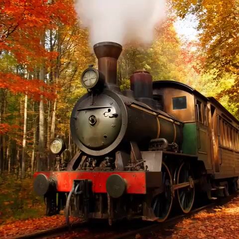 Vintage Steam Train in Autumn Forest