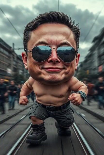 Giant baby Elon Musk dancing in an urban European street