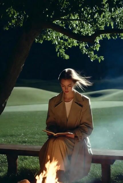 Ultra-realistic cinematic photo of woman on bench at night