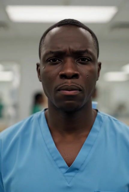 Cinematic POV of stressed Ghanaian healthcare worker prompt