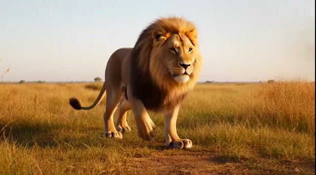 Charging Lion on Burning Savannah