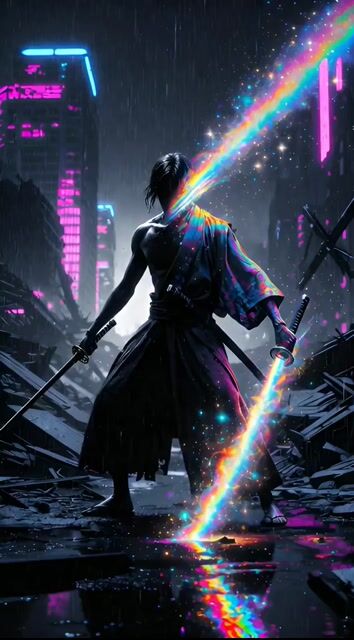 Dual-Wielding Ronin in a Neon Post-Apocalyptic Wasteland