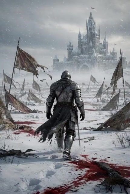 Lone Medieval Knight in Snowy Field Video Prompt