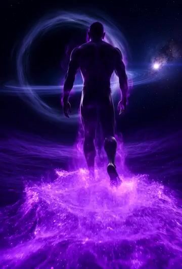 Grok Imagine Prompt: The colossal silhouette of a deity strides through the depths of a twisted, swirling River of Time