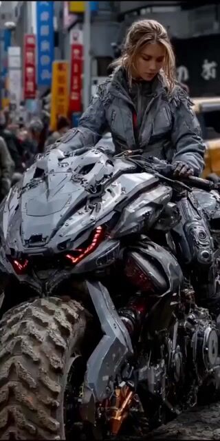 15-second cinematic video of a woman on a cyberpunk motorcycle in rainy Tokyo