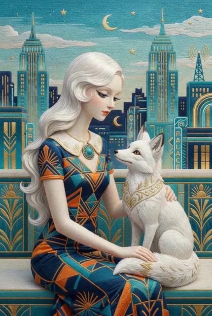 Highly detailed 3D Art Deco embroidery of an elegant young woman and a white fox