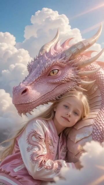 Girl hugging pink dragon