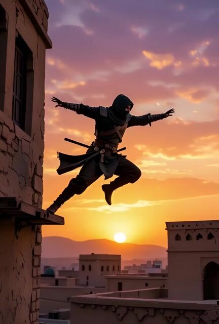 Character landing and sunset pan
