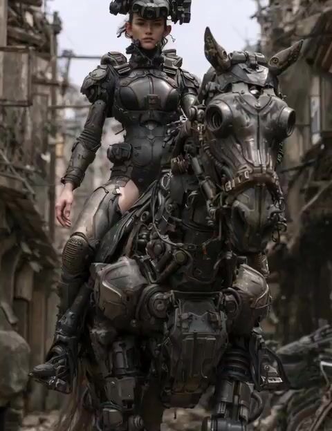 Cybernetic Power Armor Rider on Robotic Horse