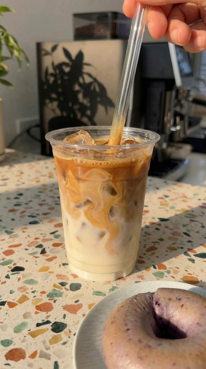 Food Photography and Video Prompt for Blueberry Bagel and Iced Coffee