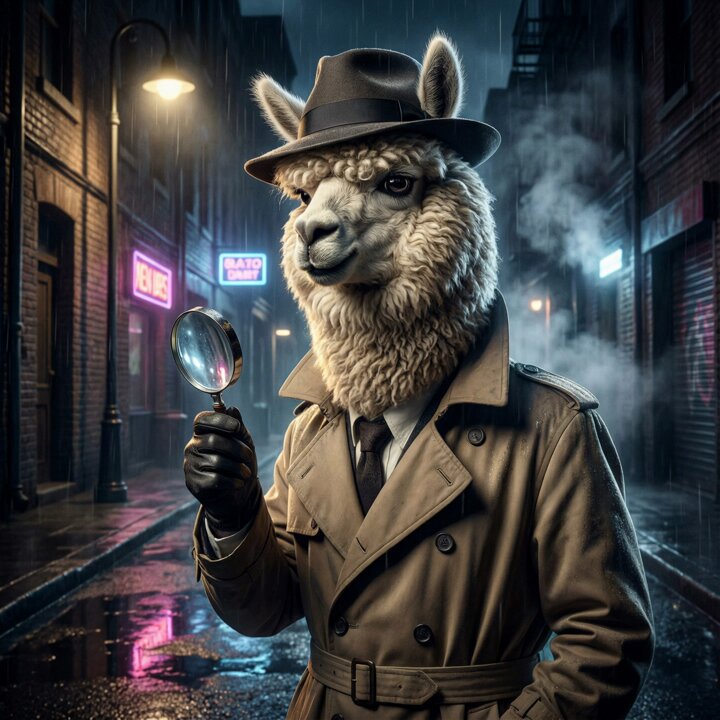 Noir Detective Alpaca Image Generation Prompt