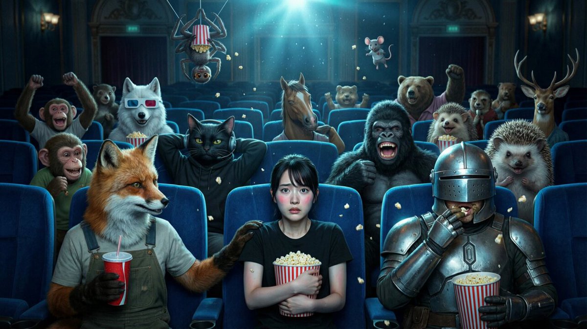 Hyper-Realistic Cinematic Scene of a Japanese Woman in a Movie Theater with Anthropomorphic Animals