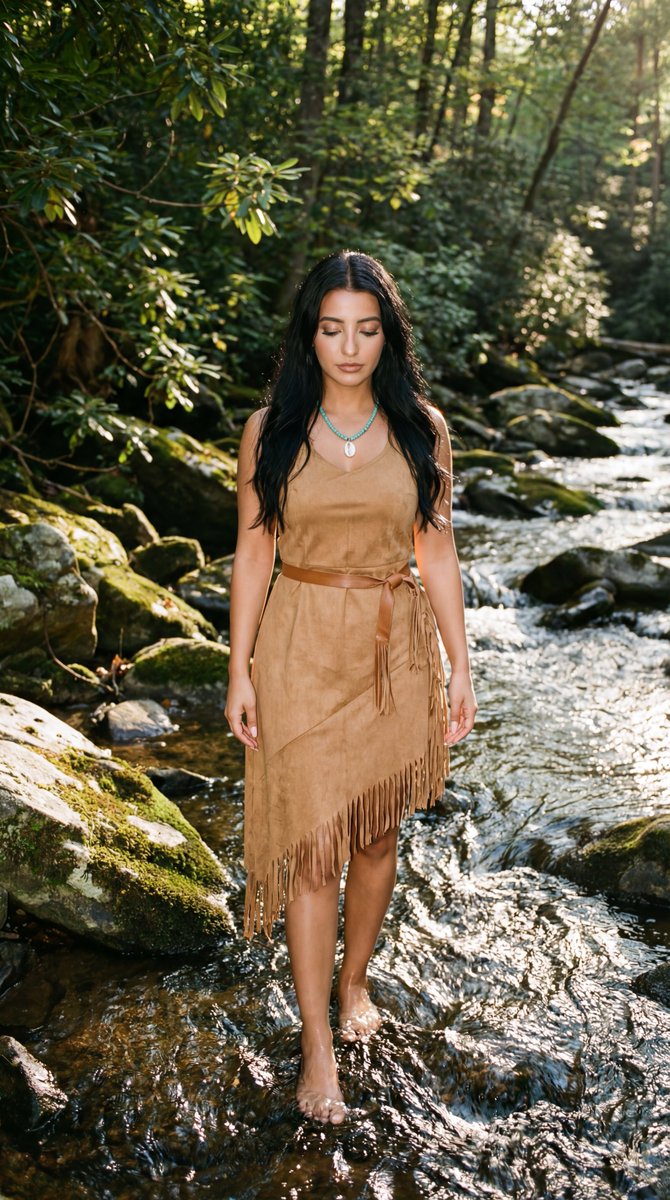 Cinematic Photoreal Portrait in a Forest Stream (Pocahontas Inspired)