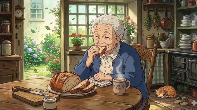 Ghibli Style Elderly Woman Kitchen Scene